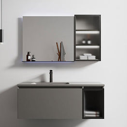 MUSE Set mobilier baie, mască lavoar, corp 1 ușă, lavoar, oglindă LED, poliță și dulap baie suspendatcu ușă