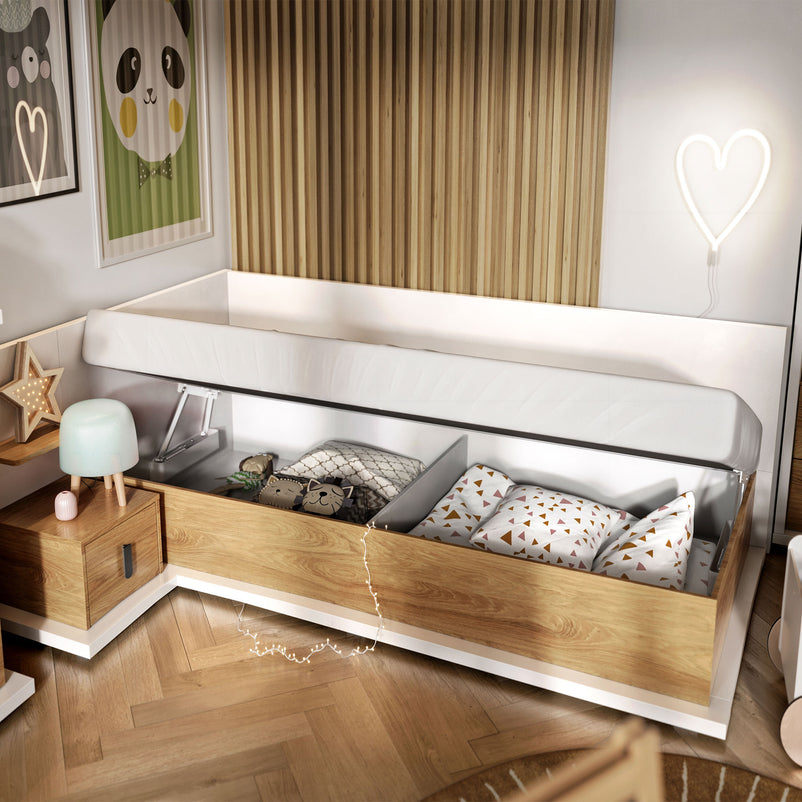 MELINA Pat copii, 90x200, ladă depozitare, saltea și somieră incluse