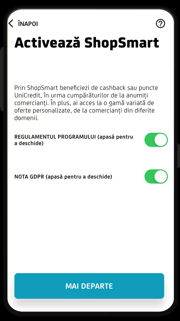 ShopSmart — pasul 2: Acceptă regulamentul programului și Nota GDPR și apasă pe butonul Mai departe